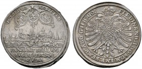 Nürnberg
Taler, sogen. Pesttaler 1633. Stadtansicht von Südosten, darüber drei Stadtwappen, im Abschnitt drei Zeilen Schrift mit der Jahreszahl als C...