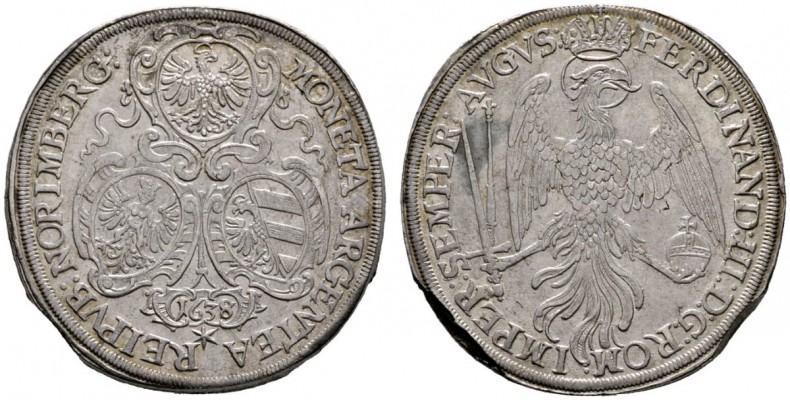 Nürnberg
Taler 1638 (aus 1637). Drei Wappenschilde in verzierten Kartuschen, da...
