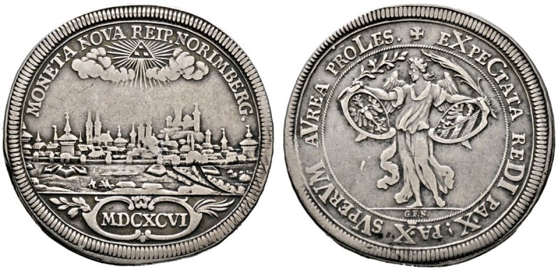 Nürnberg
Taler 1696. Auf den Frieden von Rijswick. Stadtansicht von Südosten, d...