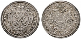 Regensburg
1/4 Taler 1706. Stadtschlüssel in reich verzierter Barockkartusche, oben die geteilte Jahreszahl / Gekrönter Doppeladler, auf der Brust de...