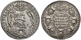 Regensburg
Silbermedaille 1641 von H.G. Bahre(?), auf den Reichstag zu Regensburg. Belorbeertes Brustbild Kaiser Ferdinand III. nach rechts, oben Kro...