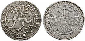 Rostock
Taler 1612. Greif nach links / Gekrönter Doppeladler, auf der Brust der Reichsapfel mit Wertzahl 32 (Schilling) sowie Titulatur Kaiser Rudolp...