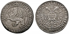 Rostock
1/2 Taler 1600 (aus 1599). Greif nach links / Gekrönter Doppeladler, auf der Brust der Reichsapfel mit Wertzahl 16 (Schilling) sowie Titulatu...