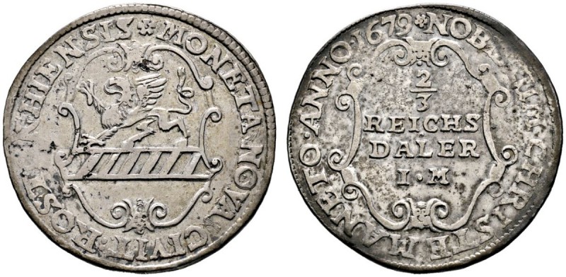 Rostock
Gulden zu 2/3 Taler 1679. Verzierter Stadtschild / Verzierter Schild mi...