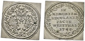 Schwäbisch Hall
Klippenförmiger Abschlag der jetonartigen Silbermedaille 1748 von C.G. Laufer, auf die Hundert­jahr­feier des Westfälischen Friedens....