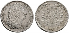 PFALZ-BAYERN
Gulden zu 2/3 Taler 1711 -Düsseldorf oder Heidelberg-. Ähnlich wie vorher, jedoch unter den beiden Wappen auf dem Revers die Wertangabe....