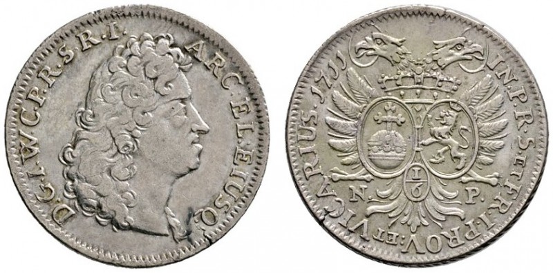 PFALZ-BAYERN
1/6 Taler (= 1/4 Gulden) 1711 -Düsseldorf oder Heidelberg-. Ähnlic...