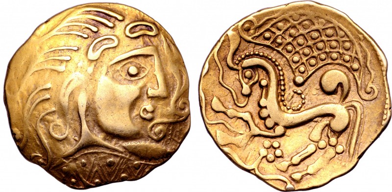 Gaul, the Parisi AV Stater. Circa 60-40 BC. Stylised head of Apollo to right; do...