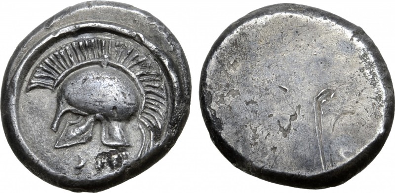Etruria, Populonia AR 5 Units. Late 5th - 4th centuries BC. Crested Corinthian h...