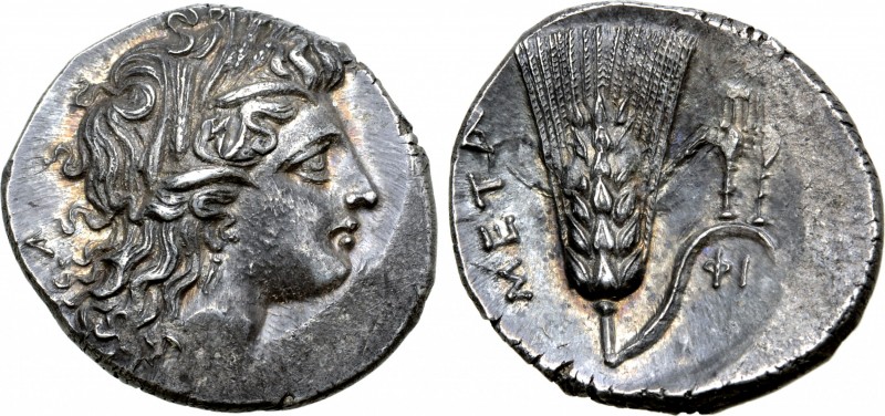 Lucania, Metapontion AR Stater. Circa 290-280 BC. Head of Demeter right wearing ...