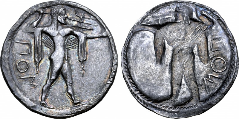 Lucania, Poseidonia AR Stater. Circa 530-500 BC. Poseidon, nude but for chlamys ...