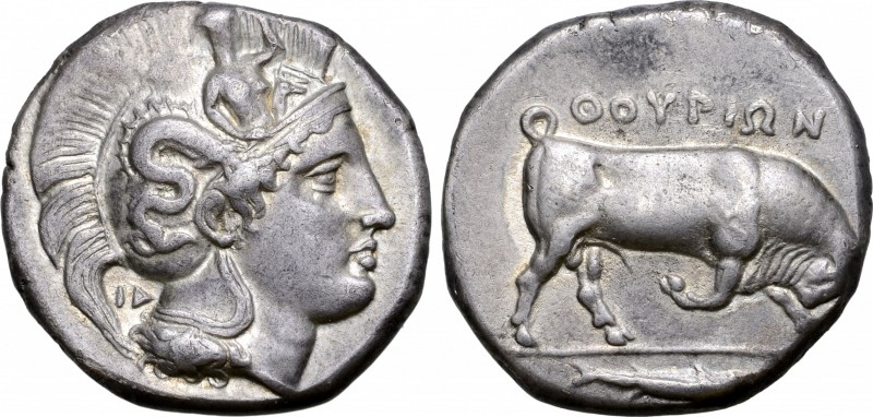 Lucania, Thourioi AR Distater. Circa 400-350 BC. Head of Athena right, wearing c...