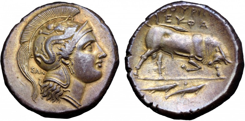 Lucania, Thourioi AR Distater. Circa 350-300 BC. Head of Athena right, wearing A...