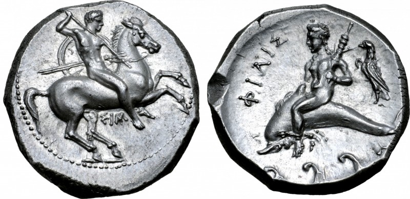 Calabria, Tarentum AR Nomos. Circa 332-302 BC. Warrior on horseback to right, pr...