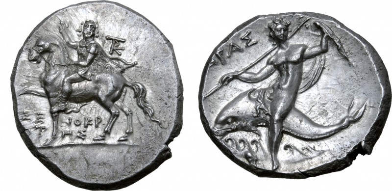 Calabria, Tarentum AR Nomos. Circa 215-212 BC. Xenokrates, magistrate. Bearded s...