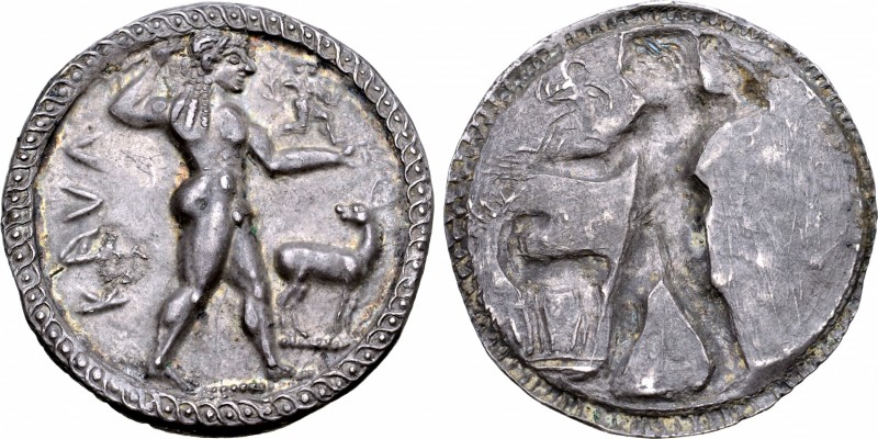 Bruttium, Kaulonia AR Stater. Circa 500-480 BC. Apollo advancing to right, holdi...