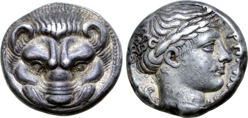 Bruttium, Rhegion AR Tetradrachm. Circa 415-387 BC. Lion's scalp facing / Laurea...