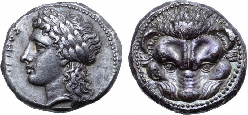 Bruttium, Rhegion AR Tetradrachm. Circa 356-351 BC. Laureate head of Apollo left...