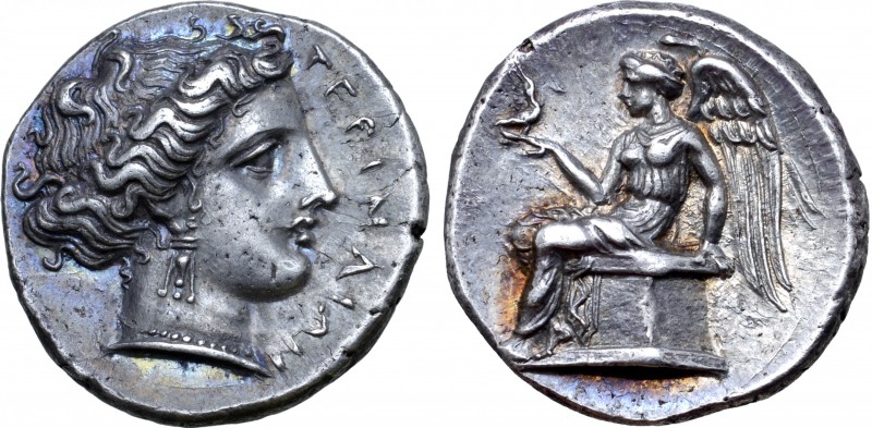 Bruttium, Terina AR Stater. Circa 380 BC. Head of the nymph Terina right, wearin...
