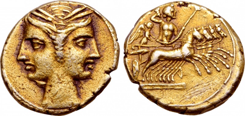 Bruttium, Carthaginian Occupation EL 3/8 Shekel. Circa 216-211 BC. Janiform fema...