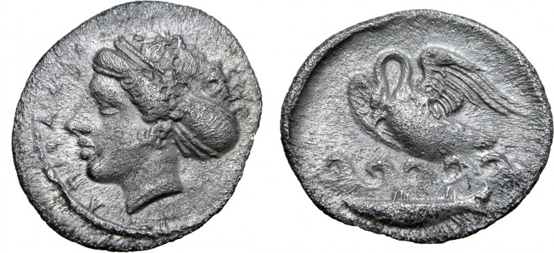 Sicily, Kamarina AR Litra. Circa 410-405 BC. Head of nymph left, with hair in sp...