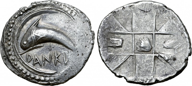 Sicily, Messana (as Zankle) AR Drachm. Circa 500-493 BC. Dolphin swimming to lef...
