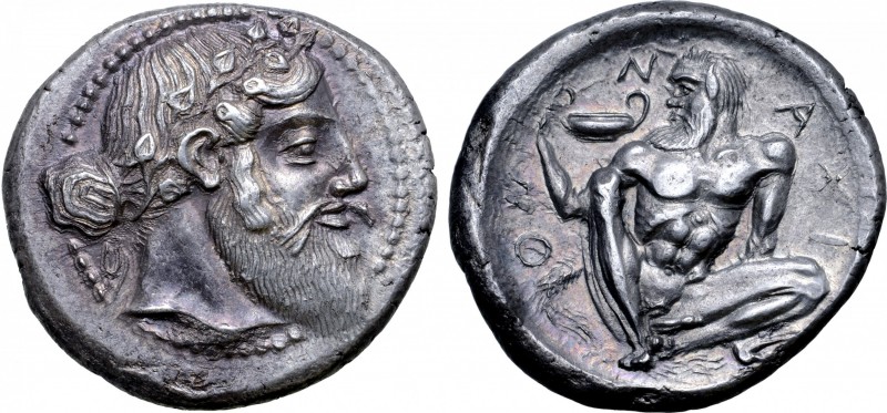 Sicily, Naxos AR Tetradrachm. Circa 460 BC. Bearded head of Dionysos right, wear...