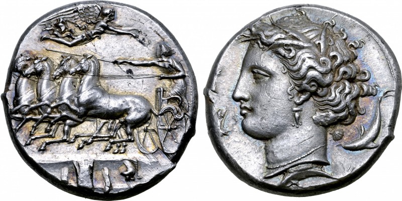 Sicily, Syracuse AR Dekadrachm. Time of Dionysios I, circa 405-370 BC. Chariotee...