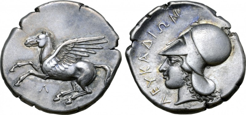 Akarnania, Leukas AR Stater. Circa 375-350 BC. Pegasos flying left, Λ below / ΛΕ...