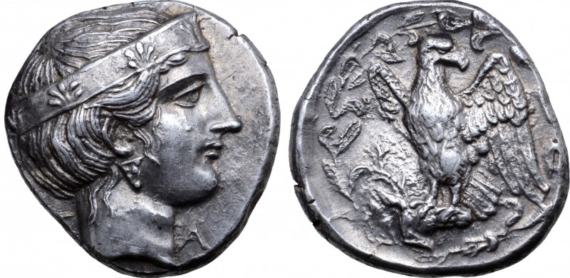 Elis, Olympia AR Stater. 'Hera' mint, 109th Olympiad, 344 BC. Head of Hera right...