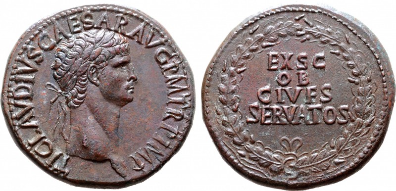 Claudius Æ Sestertius. Rome, AD 41-42. TI CLAVDIVS CAESAR AVG P M TR P IMP, laur...