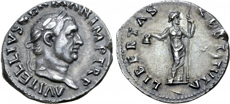 Vitellius AR Denarius. Rome, AD 69. A VITELLIVS GERMAN IMP AVG TR P, laureate he...