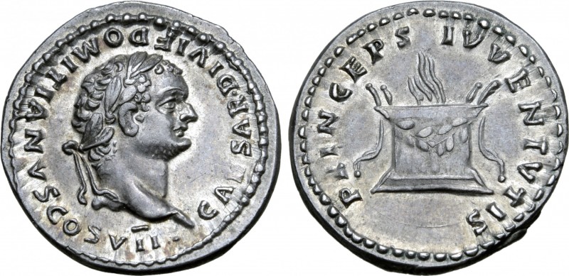 Domitian, as Caesar, AR Denarius. Rome, AD 80-81. CAESAR DIVI F DOMITIANVS COS V...