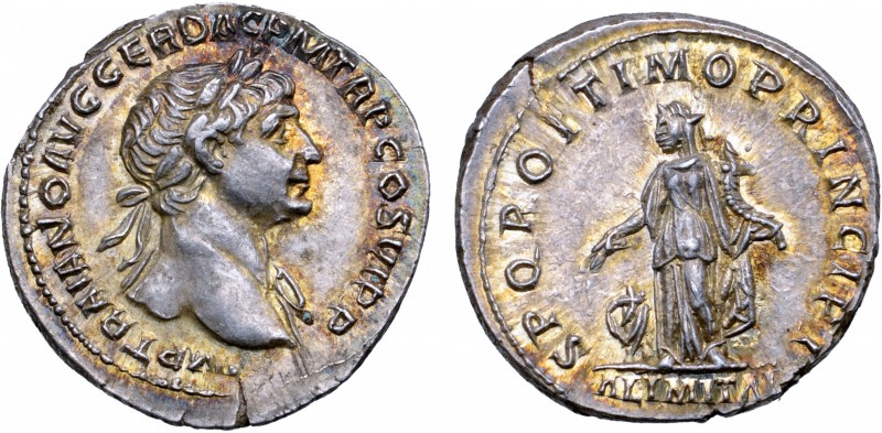Trajan AR Denarius. Rome, AD 112-114. IMP TRAIANO AVG GER DAC P M TR P COS VI P ...