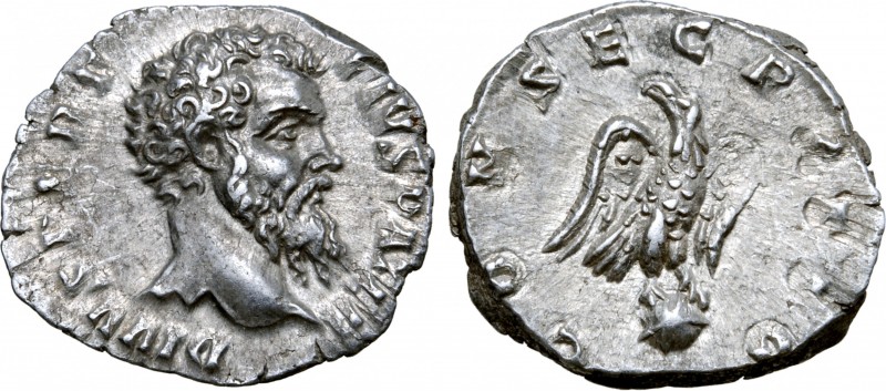 Divus Pertinax AR Denarius. Rome, AD 193-194. DIVVS PERT PIVS PATER, bare head r...