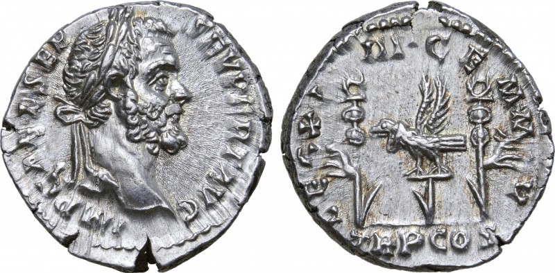 Septimius Severus AR Denarius. Rome, AD 193-194. IMP CAE L SEP SEV PERT AVG, lau...