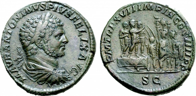 Caracalla Æ Sestertius. Rome, AD 214. M AVR ANTONINVS PIVS FELIX AVG, laureate, ...
