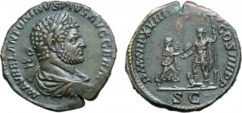 Caracalla Æ Sestertius. Rome, AD 215. M AVREL ANTONINVS PIVS AVG GERM, laureate,...