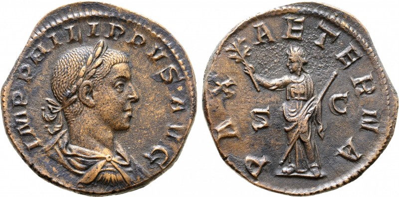 Philip II Æ Sestertius. Rome, AD 246-249. IMP PHILIPPVS AVG, laureate, draped an...