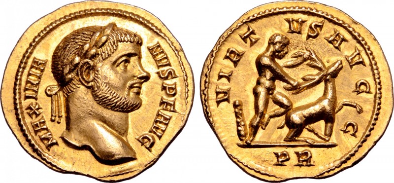 Maximian AV Aureus. Rome, AD 287. MAXIMIANVS P F AVG, laureate head to right / V...
