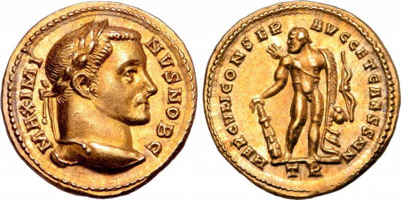 Maximinus II, as Caesar, AV Aureus. Treveri, AD 305-306. MAXIMINVS NOB C, laurea...