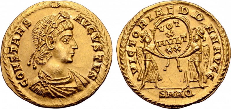 Constans AV Solidus. Decennnalia issue. Aquileia, AD 340-350. CONSTANS AVGVSTVS,...