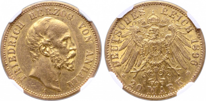 German States, Duchy of Anhalt-Dessau. Friedrich I (1871-190) AV 20 Marks. Berli...