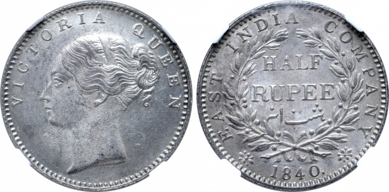 India, British Colonial. Victoria (1837-1901) AR 1/2 Rupee. Calcutta mint, 1840....
