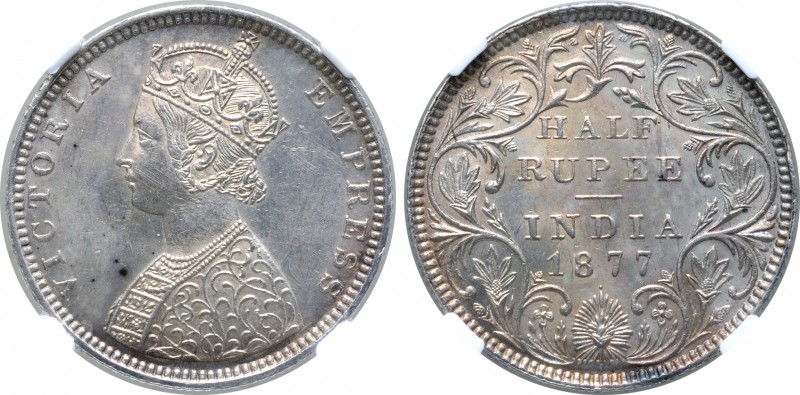 India, British Colonial. Victoria (1837-1901) AR 1/2 Rupee. Bombay mint, 1877. V...