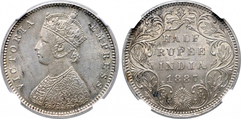 India, British Colonial. Victoria (1837-1901) AR 1/2 Rupee. Bombay mint, 1887. V...