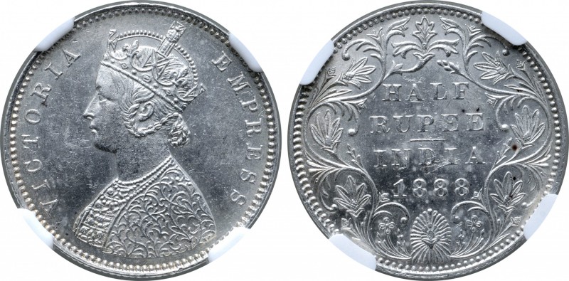 India, British Colonial. Victoria (1837-1901) AR 1/2 Rupee. Bombay mint, 1888. V...