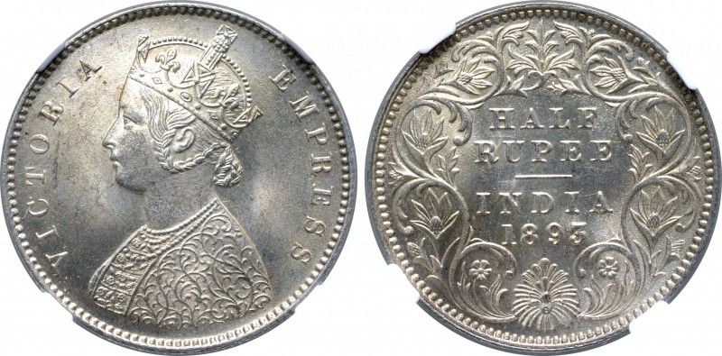 India, British Colonial. Victoria (1837-1901) AR 1/2 Rupee. Calcutta mint, 1893....