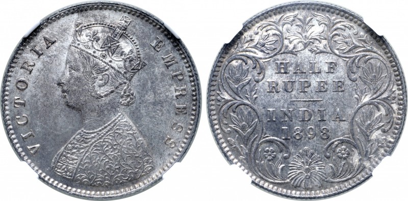 India, British Colonial. Victoria (1837-1901) AR 1/2 Rupee. Calcutta mint, 1898....