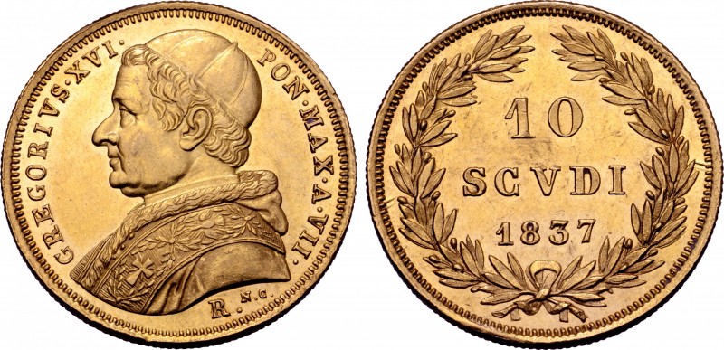 Italy, Papal States. Gregory XVI (1831-1846) AV 10 Scudi. Rome, 1837. Design by ...